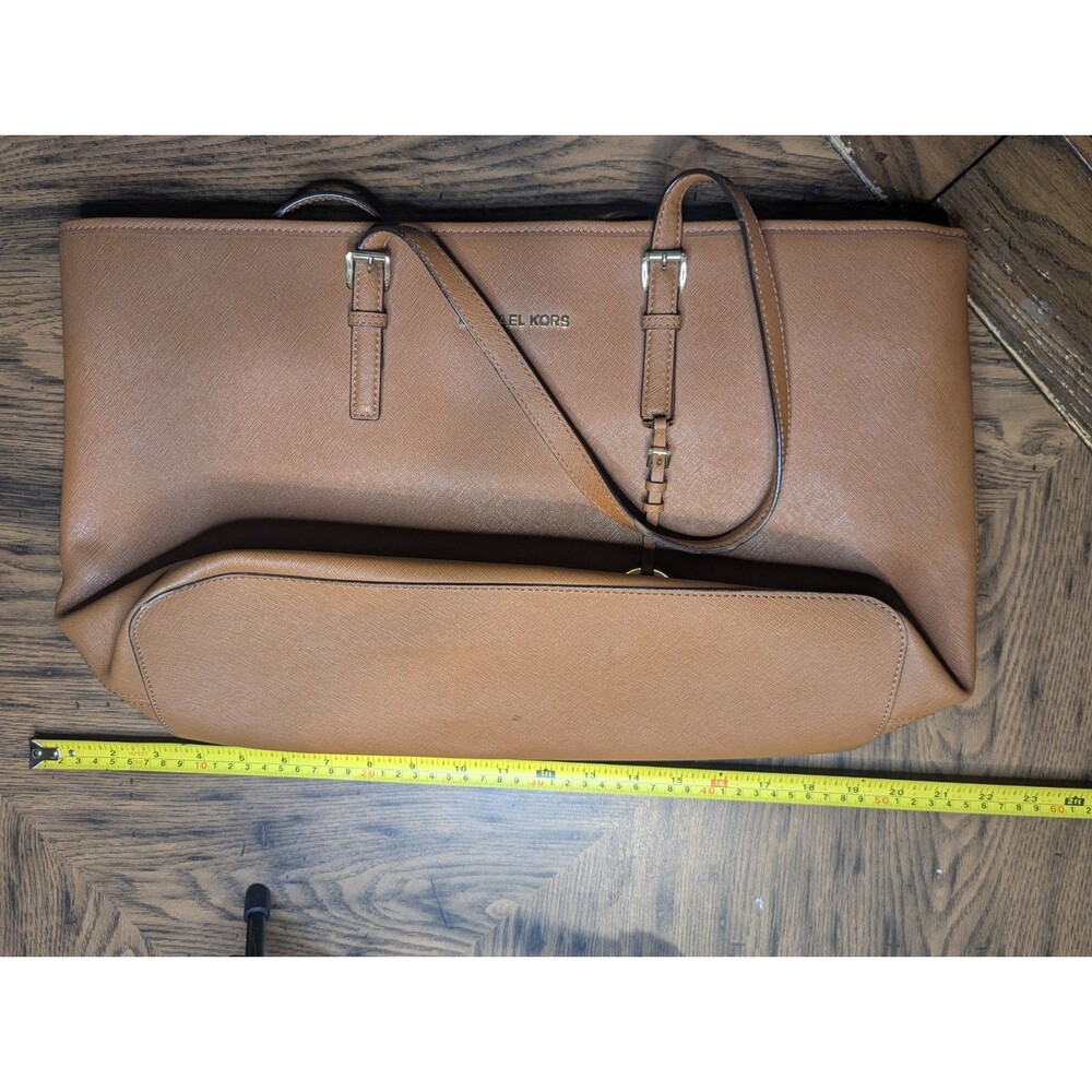 Michael Kors Bag Women Jet Set Brown Leather Inner Zip Pocket Double Handle Tote